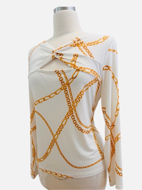 BOLD elements Tops - BOLD elements White Long-Sleeve Twist Front Top with Gold Chain Print